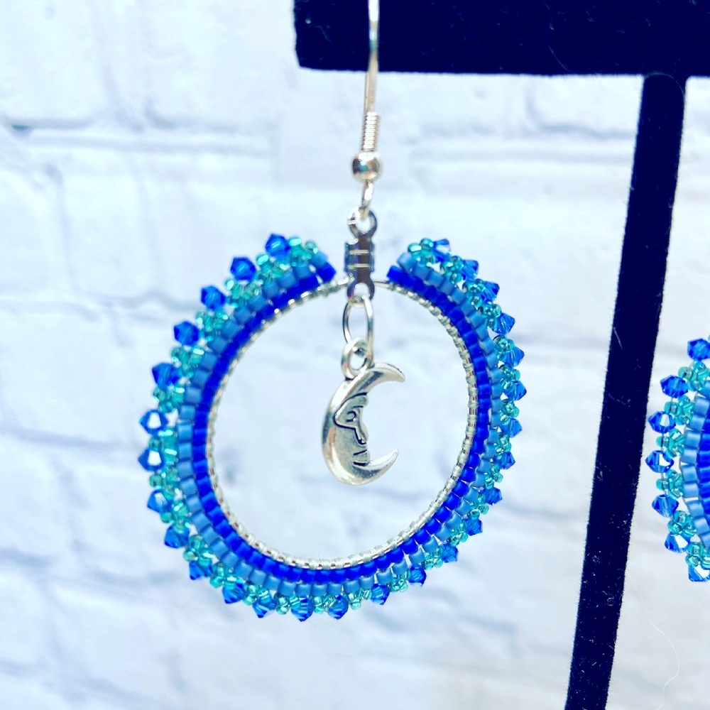 Boho Beaded HANDMADE Blue Moon Hoop Earrings - Picture 5 of 5